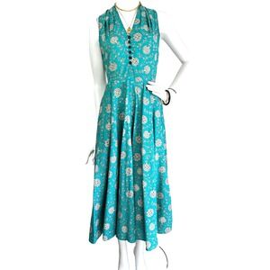 90s Liz Claiborne Floral Midi Dress Sleeveless Woven Cotton Blue Size Small